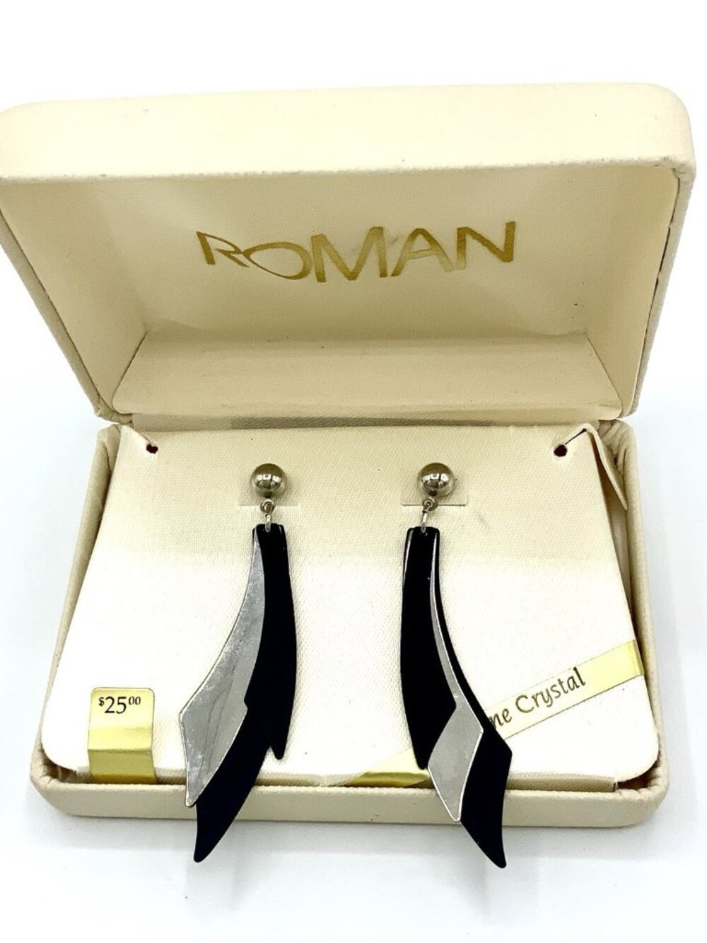 Vintage ROMAN 80s Geometric Drop Earrings - Genuine Crystal NOS In Original Box